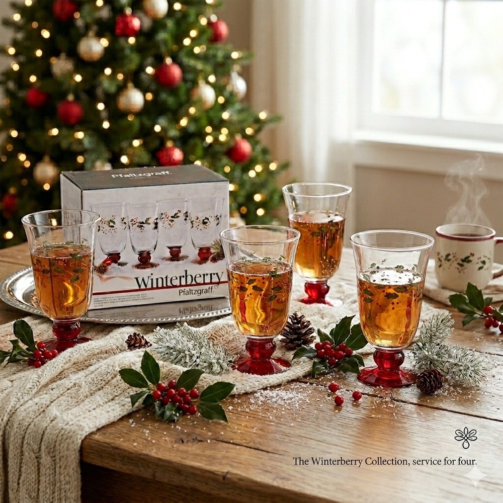 Pfaltzgraff Set 4 Water Goblets 14oz Clear Red Winterberry Etched Hand Painted